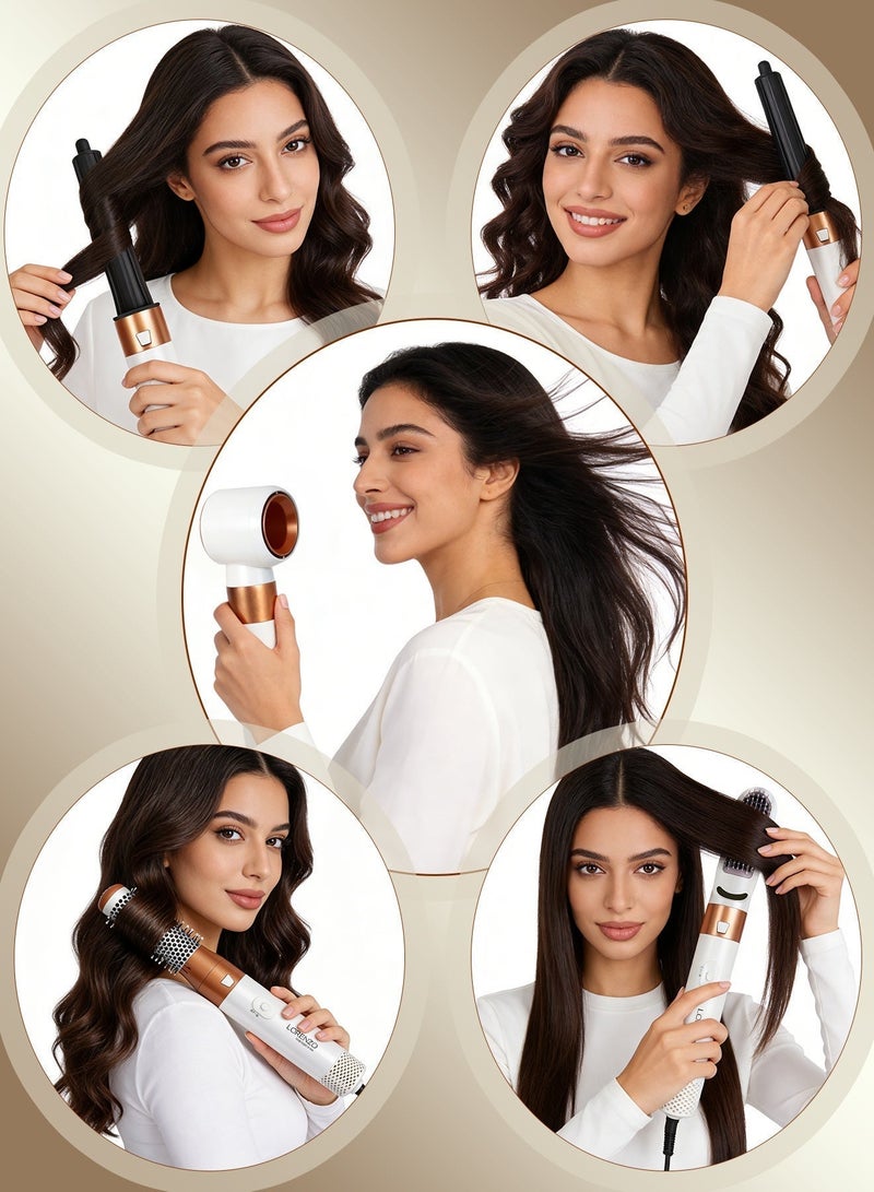 Lorenzo 5 In 1 Hair Dryer Brush Hot Comb Set 1000W Hot Air Hair Curler and Straightener Styling Tool Comb Curling Brush Suitable for Women Hair Types - White Gold - Image 4